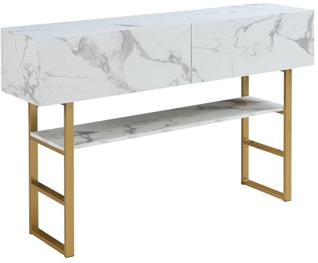 Helloshop26 Table Console 75 x 120 x 30 cm Or Effet marbre Blanc 03_0010889