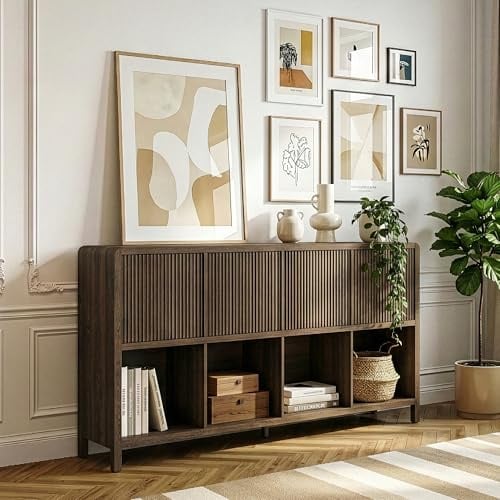 [en.casa] Sideboard Lukkodso Wohnzimmerschrank mit 4 Türen Push-to-Open Kommode mit 8 Fächern 77 x 145 x 30 cm Walnussoptik