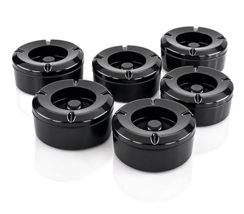 MC-Trend 6er Set Windaschenbecher schwarz mit Deckel, Aschenbecher für draußen aus Melamin, Sturmaschenbecher Outdoor für Balkon Garten Terrasse Gastronomie, mit Gluttöter, abschraubbar, Ø 10 cm