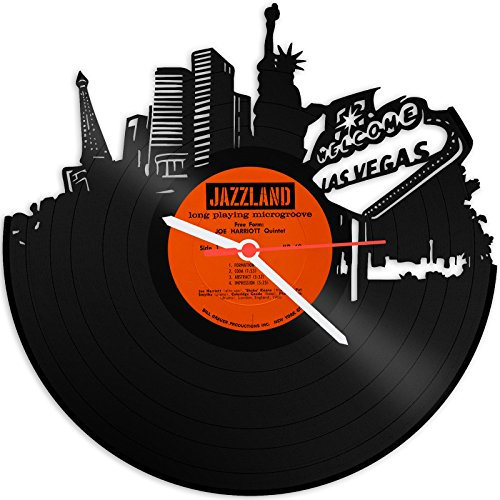 GRAVURZEILE Schallplattenuhr - Skyline Las Vegas - Wanduhr aus gegossenem Vinyl mit Stadt Skyline 30 cm - Upcycling Design-Uhr Wand-Deko Vintage Wand-Dekoration Retro-Uhr - Made in Germany