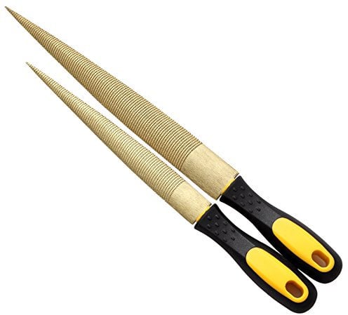 NKTM Wood File, Needle File Set Wood Files for Wood Working Wood Rasp Files Tools Golden Tapered Wood Rasp Bastard File with Rubber Handle in Gift Bag for Carving 2 Pack (8 * 10 inch)
