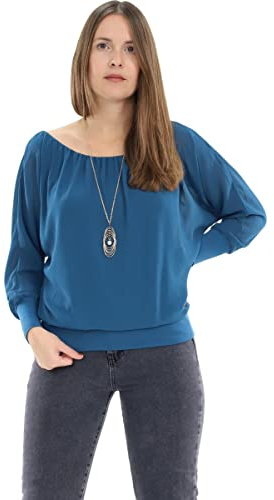 Malito – Unisize Damen Bluse schulterfrei mit Kette – Langärmlige Frauen Tunika mit elastischen Ärmelbündchen – Elegantes Oversize Blusenshirt Langarm mit breitem Bund – Shirt 1133 (Größe 34-42)