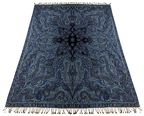 Lorenzo Cana Luxus Wolldecke jacquardgewebt aus feinster Wolle vom Merino - Lamm Paisley Blau Schwarz Goldgelb Wohndecke Gemustert Decke Wolle Sofadecke Kuscheldecke Plaid 140 cm x 200 cm 96262