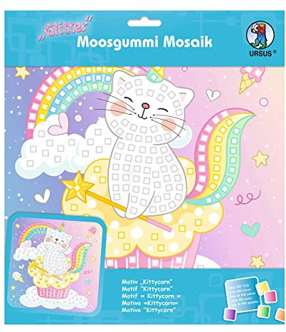 Ursus 8420018 - Glitter Moosgummi Mosaik-Bild Kittycorn, Bastelset für ein Klebebild aus Moosgummi-Stickern, ca. 25 x 25 cm mit Aufsteller