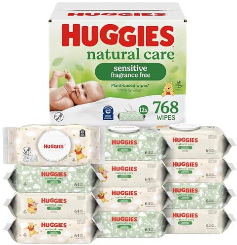 Huggies Natural Care Sensitive Baby Wipes, Unscented, Hypoallergenic, 99% Purified Water, 12 Flip-Top Packs (768 Wipes Total), Packaging May Vary