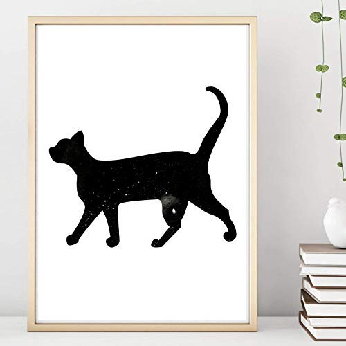 Din A4 Kunstdruck ungerahmt Katze Nachthimmel Sterne Aquarell Wasserfarbe schwarz Geschenk Druck Poster Deko Bild