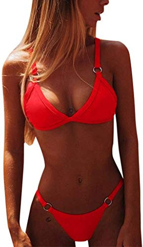 CheChury Damen Bikini Set Klassischer Zweiteilige Badeanzug Triangel Rückenfrei Bikinioberteil Verstellbare Bademode Brasilianer Tanga Bikinihose,Orange,S