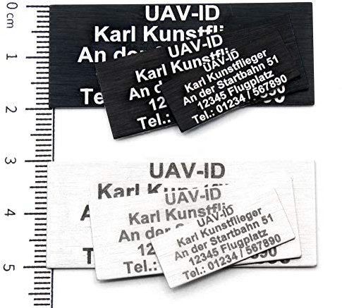 UAV-ID Drohnen Kennzeichen mit [1 Stück] Lasergravur 10mm x 25mm Namensschild für Quadrocopter selbstklebend 3M Klebeband HEAVYTOOL®