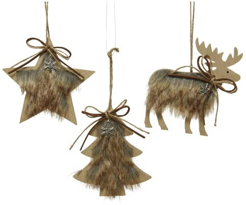Christbaumschmuck Holz 12cm x 3 Stück Hirsch Tanne Stern mit Kunstfell Waldtiere Rentier braun Natur