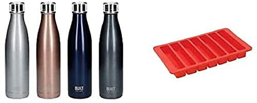Built Perfect Seal Leakproof Large Water Bottle/Thermal Flask Stainless Steel, 740 ml with Built Water Bottle Ice Cube Tray, BPA Free Easy Release Flexible Silicone, Red, 19.5 x 11.5cm