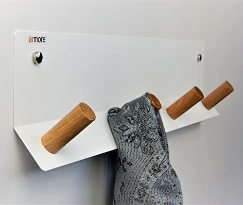 armore Kleiderhaken Wand echtes Eichenholz und Metall 4 Haken, 60 cm, Garderobenleiste Holz, Wandgarderobe Holz, Garderobenhaken Holz Weiss