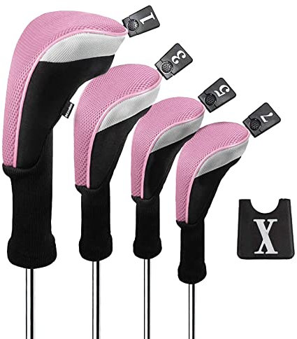 Andux Golf 460cc Driver Kopfhüllen Golfschläger mit langem Hals Holzkopfhüllen 4 Stück Rosa