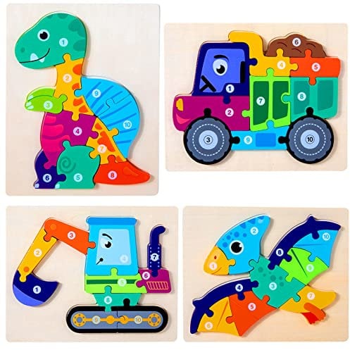 HUADADA Wooden Puzzles Toys for Kids Age 2+, Dinosaur Jigsaw Animals Number Shape Puzzle Gifts for Children Toddler Boy Girls Learning Educational Toys(4 Pack)