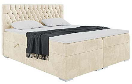 MEBLINI Boxspringbett mit Bettkasten - 200x200 - Gepolstert Doppelbett mit Matratze und Topper - Polsterbett mit Stauraum - Bett mit Kopfteil - Stauraumbett - Dalia - H3/Beige Samt
