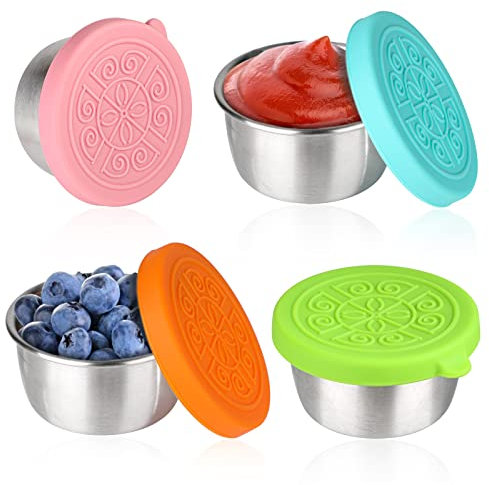 Salatdressing Behälter, 4 Stücke 50ml Edelstahl Dressingbehälter, Auslaufsichere Kleine Dosen mit Silikon Deckel | Camping Saucen Behälter für Snack, Soßen, Dips und Gewürze