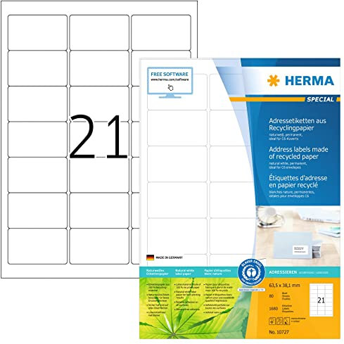 HERMA 10727 Recycling Etiketten, 80 Blatt, 63,5 x 38,1 mm, 21 pro A4 Bogen, 1680 Stück, selbstklebend, bedruckbar, matt, blanko Recycling-Papier Klebeetiketten Aufkleber, natur-weiß