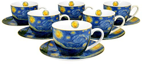 DUO ART GALLERY 6er-Set Tassen 220 ml mit Untere STARRY NIGHT inspired by Van Gogh New Bone China Porzellan