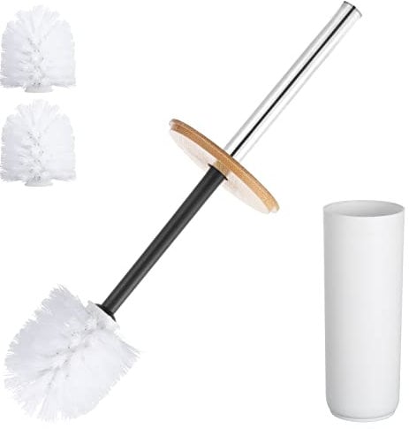 KEESIN Toilet Brush Bamboo Plastic Toilet Brush Set with Storage Bucket,3PCS brush heads for Decorative Bathroom Accessories (White)
