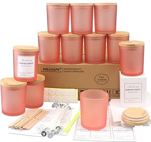 MILIVIXAY 12 Pack 7 OZ Frosted Pink Glass Candle Jars with Lids and Candle Making Kits - Bulk Empty Candle Jars for Making Candles - Spice, Powder Containers.