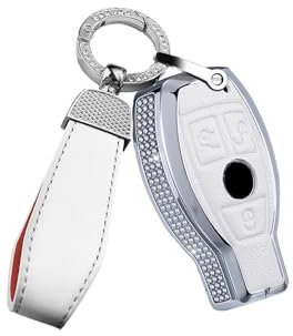 ontto Coque de clé de voiture en cuir, Porte Clé Voiture pour Mercedes Benz A B C E S CLK AMG Classe C180 W164 W245 W209 W204 3 boutons Blanc