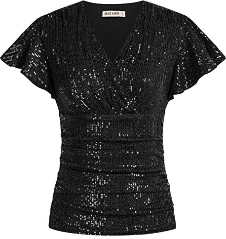 Damen Pailletten Glitzer Bluse V-Ausschnitt Slim Fitt Shirt Cocktail Festlich Tunika Elegant Schwarz XL