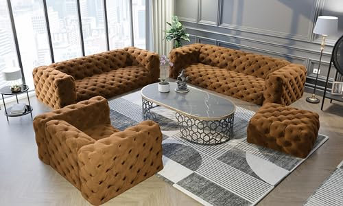 GREKPOL Chesterfield Set 1+2+3+Hocker - Eleganz und Komfort für die ganze Familie (Gelb)