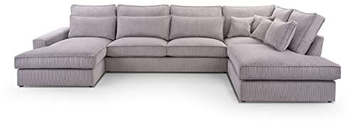BETTSO -Ecksofa Großes U-Form Couch, Couchgarnitur, Eckcouch, Sofa,Ecksofa mit Kissen und Armlehnen aus Cordstoff-Valentino U (Hellgrau, Links)