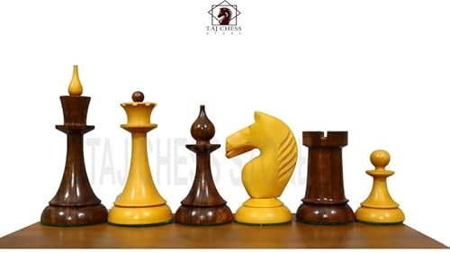 TAJ CHESS STORE Nur gewichtete Schachfiguren der russischen UdSSR, 1950er sowjetisch-lettisch reproduziertes gewichtetes Schach-Set aus goldenem Palisander und antikem Buchsbaum, 10,2 cm König, 34