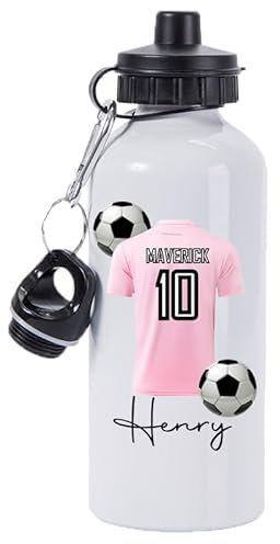 Personalised Football 600ml White Aluminium Sports Water Bottle Back to School Gift for Kids, Customised with Name/Number/Text with Football Shirt Pink Jersey Kit (D25)