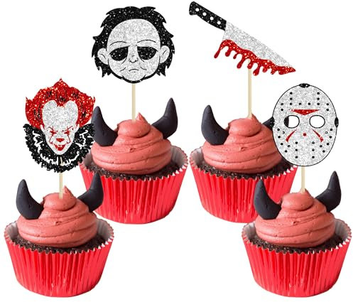 24Pcs Horror Movie Cupcake Toppers Glitter Bloody Knife Killer Birthday Cupcake Pick Decorations for Horror Movie Theme Birthday Halloween Party Cake Decorations Supplies