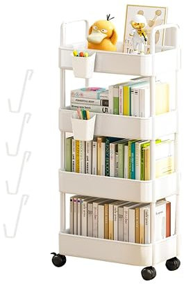 Fenytay Trolley with 3 Levels, Storage Trolley Wheels, Storage Trolley with Wheels and Handles, 3/4 Tier Trolley, Kitchen Trolley Wheels, Movable Bookcase with Hooks, Room Decoration Storage Trolley