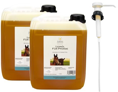 Leinöl für Pferde, stets frisch 10 Liter (2x5l) Kanister incl. Einer Dosierpumpe, naturbelassen, reich an Omega3, ideal für den Fellwechsel