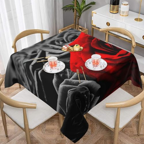 OPSREY Tovaglia quadrata con stampa di rose nere bianche e rosse