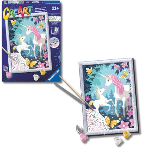Ravensburger - CreArt D Series Classic: Glitzer-Einhörner, Malen nach Zahlen, enthält ein vorgedrucktes Brett, einen Pinsel, Farben und Zubehör, kreatives Spiel für Jungen und Mädchen ab 11 Jahren