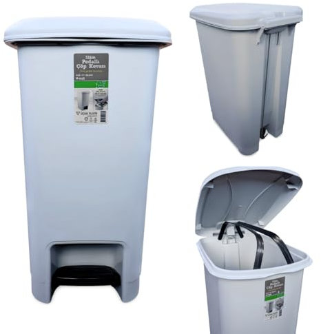 Slim Pedal Kitchen bin with Lid Plastic Indoor/Outdoor Sanitary Garbage Clinical Waste Bin Living Room Recycling Trash Garden Dustbin Home Office Bathroom Kitchen (Light Grey, 25L)