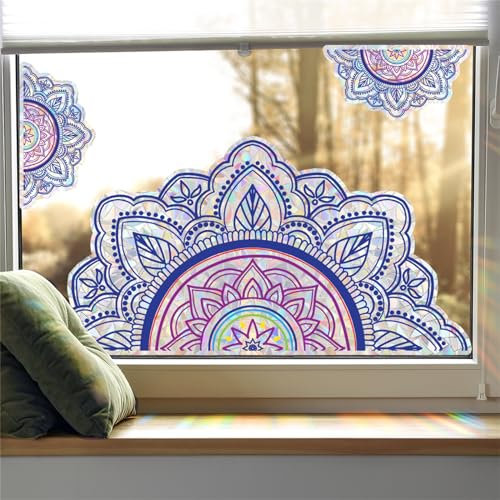 CULASIGN Mandala Prisma Fensteraufkleber, Boho Blumen Lila Fensterfolie Fensterbilder Anti-Kollisions Aufkleber, Selbstklebend Glas Fenster Dekorfolie für Wohnzimmer