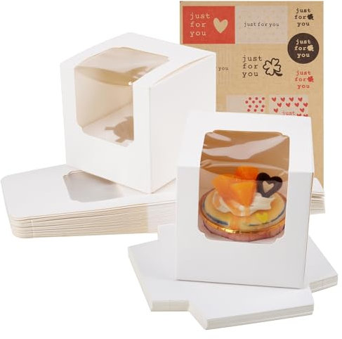 KEYIDO 24 Pcs Individual Cupcake Boxes White Single Cupcake Boxes No Hand 1 Hole Cake Box with Clear Window Inserts and 2 Sheets of Stickers for Wedding Birthday Party Favors