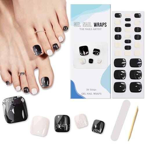 Boloshine Smalto Adesivo per Unghie Piedi, 26Pcs Unghie Gel Adesive UV Nail Stickers, Autoadesive Semi Indurito Strisce Gel Unghie dei Piedi (Sogno in Bianco e Nero)