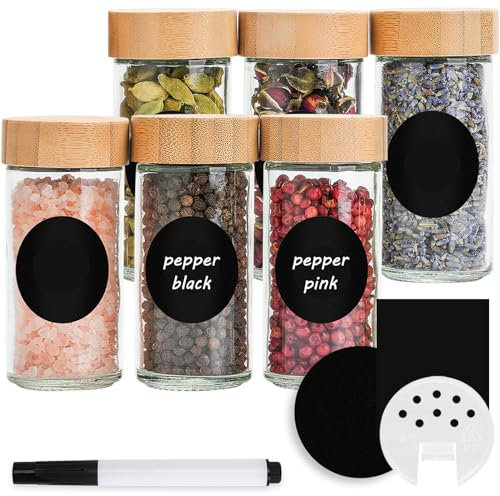Happy Lemuro Gewürzdosen Rund [6 x 100ml] Etiketten zum Beschriften, Bambusdeckel | Gewürzbehälter mit Holzdeckeln & Zubehör. Gewürzgläser Rund, 6er Set, Gewürzaufbewahrung Gewürz Organizer