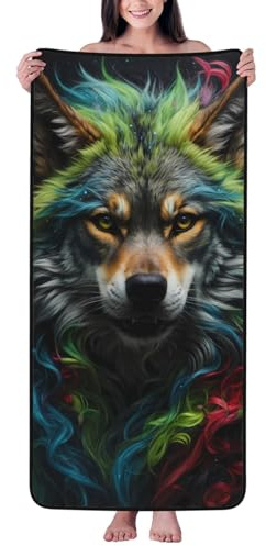 Badetücher aus Baumwolle, bunte Wolf-Mikrofaserhandtücher im realistischen Stil für Körperbadetücher, schnelltrocknendes personalisiertes Strandtuch, weiche Duschtücher