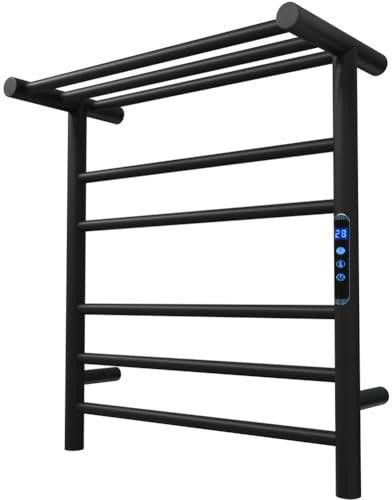 KWW Rack Scaldasalviette a Distanza Controllato per Il Bagno, Timer 1-9 Ore e Temperatura Regolabile, Indicatore LED, Scaffale di Essiccazione a Parete in Acciaio Inossidabile (Nero Opaco, 5 + 3Bars)