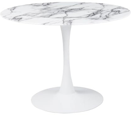 Table à Manger Ronde pour 4 à 5 Personnes diamètre 100 cm, Plateau en Verre trempé Aspect marbre Blanc, Base Ronde en métal Blanc - Tulips