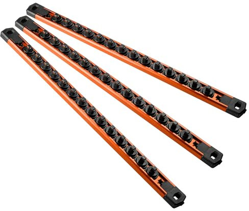 Reniteco Magnetic Socket Organizer, 3-Piece Heavty Duty Aluminum Socket Holder, Socket Rail for Tool Box, Premium Quality 360° Swivel Socket Rack with 42 Clips for 1/4-Inch(Orange)