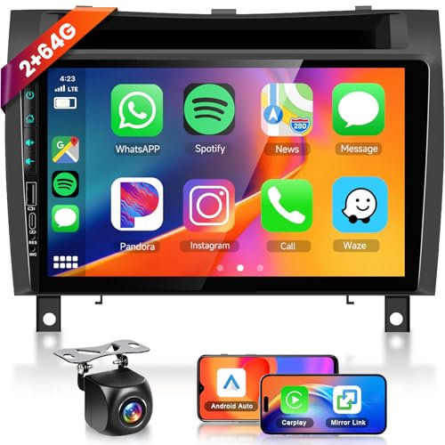 【2+64G】 Hodozzy Carplay Autoradio für Mercedes Benz SLK Class R171 2004-2011 mit USB/USB-C,9 Zoll Touchscreen mit Android Auto/Mirror Link/WiFi/GPS/RDS/FM/Bluetooth/GPS+Rückfahrkamera
