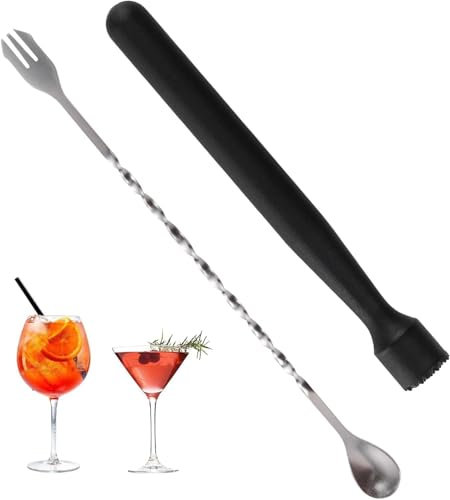 Ensemble de Pilon à Cocktail en Acier Inoxydable et Cuillère de Bar - Kit Cocktail pour Cocktails Mélange, Concasser des Glaçons, Mojito Cuisine Bar Restaurant