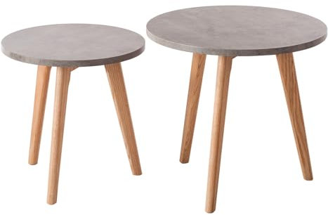 home24 Beistelltisch-Set 2-teilig in Beton-Optik und Eiche, Foliierte MDF-Platten mit lackierten Massivholzbeinen, Modernes Satztisch-Set für das Wohnzimmer