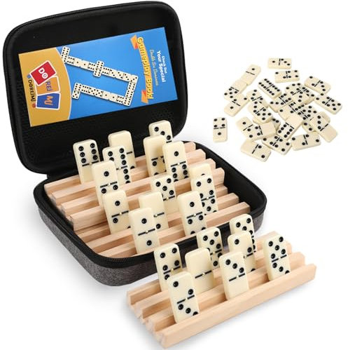 Doreimi Double 6 Dominos Set for Adults with 4 Wooden Racks & 28 Tiles Travel Dominoes Set Classic Board Game for Family Game Night