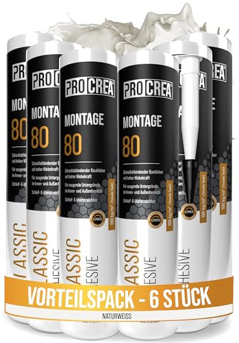 PROCREA® 6x Montagekleber Montage 80 [Extra stark bis 100 kg/qm] Schnellhärtender weißer Baukleber für Styropor, Akustikpaneele, Sockelleisten, Holz, Stein, Fliesen uvm. - schleif- & überstreichbar