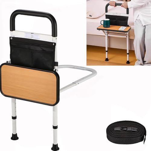 HEYOUTH Portátil Barandillas,Barandilla Cama Adulto,Ancianos Barandilla Cama Articulada,Regulable en Altura,con arnés,Bolsa de Almacenamiento y luz de Sensor Desmontable,Mesa Plegable para Ancianos