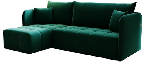 KP-Meble - Ecksofa mit Schlaffunktion Santo, Schlafsofa mit Bettkasten Couch, Wohnlandschaft, Bequemer Sitz - Velourstoff mit dekorativer Steppung - Links - Monolith 37 (Flaschengrün)